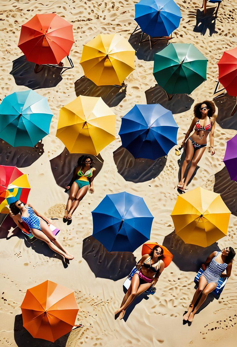 A serene beach scene showcasing a diverse group of confident individuals of all body types joyfully wearing stylish swimwear. The sun shines brilliantly, casting soft shadows, while gentle waves lap against the shore. Surrounding them are colorful beach umbrellas and lounge chairs, enhancing the feeling of comfort and relaxation. Vibrant patterns and textures in the swimwear should be celebrated. bright and cheerful. vibrant colors. super-realistic.